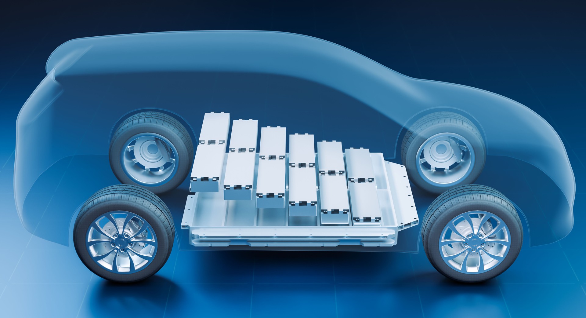Transparenter Blick in das Innere des Elektrofahrzeugs mit Lithium-Ionen-Batteriemodul, Röntgen-SUV-Auto-Energiespeichersystem-Design mit Li-Ion-Akkupack-Gehäuse, 3D-Rendering-Transporttechnologie