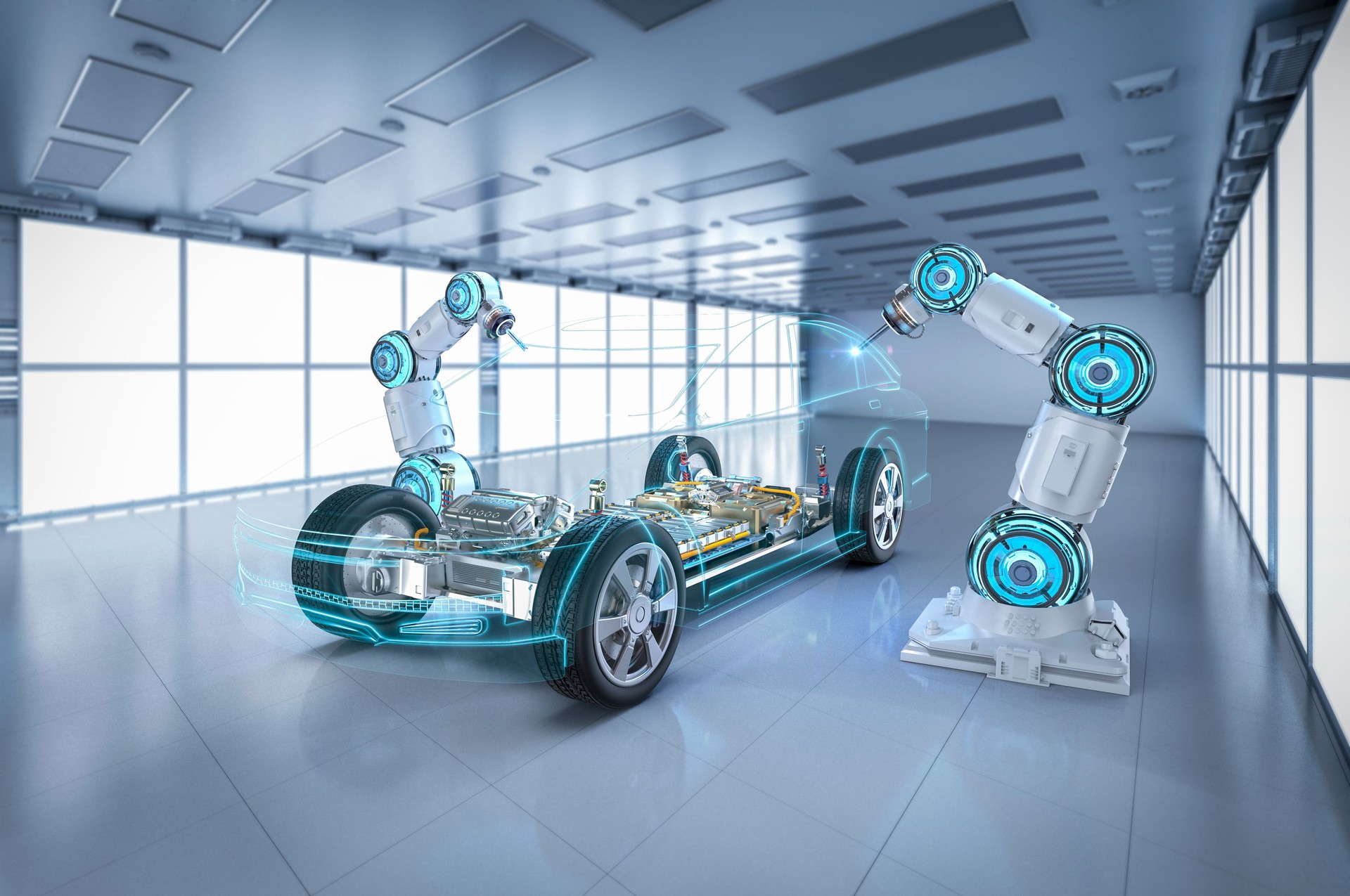 Robotermontagelinie mit Elektroauto-Batteriezellenmodul auf Plattform
